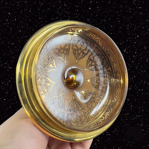 Decorium Turkish Glass Handcrafted Candy Dish Bowl Gold Gild W Lid Marked VTG - Picture 9 of 16